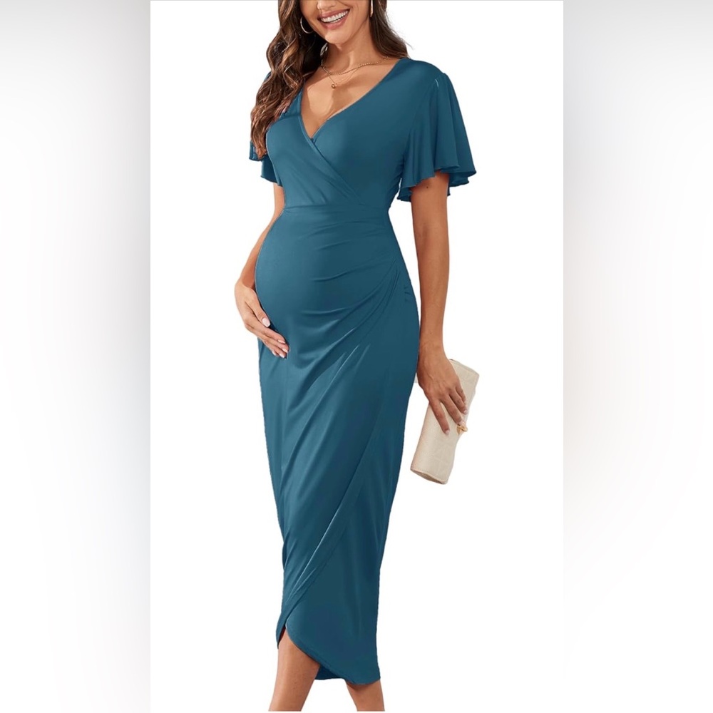 Wrap V Neck Ruffle Sleeves Semi Formal Baby Shower Photoshoot Party Pregnancy